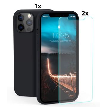 Hoesje Geschikt voor iPhone 12 Mini Soft Nano siliconen Gel Zwart Hoesje Met 2X Glazen screenprotector