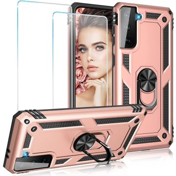Samsung S21 FE Hoesje armor Met ring houder Rose Goud - Samsung Galaxy S21 FE hoes met Kickstand TPU backcover hoesje - Galaxy s21 screenprotector 2 pack