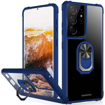 Samsung S21 Ultra hoesje - Premium Shock Proof hoesje transparant Blauw randen backcover case met kickstand - Samsung Galaxy S21 Ultra hoesje met Ring houder / Ring vinger houder / standaard