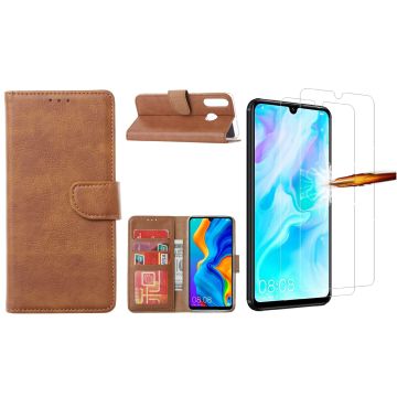 Huawei P30 Lite New Edition Hoesje / P30 Lite portemonnee hoesje Bruin / book case met 2 pack screenprotector
