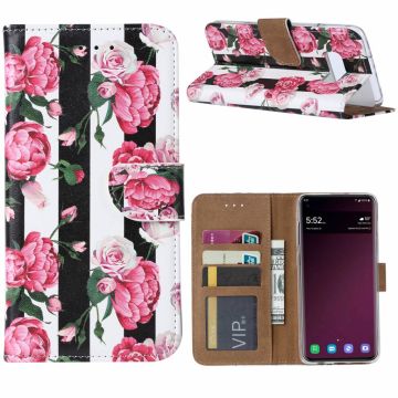 Ntech Samsung Galaxy S10e Vintage Roses & Stripes Boek hoesje met Pasjesruimte
