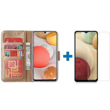 Samsung a12 hoesje bookcase Goud - Samsung galaxy a12 hoesje - 1x Samsung a12 screenprotector screen protector