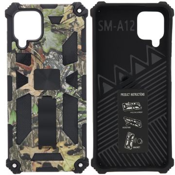 Samsung Galaxy A12 (5G) Hoesje - Rugged Extreme Backcover Blaadjes Camouflage met Kickstand – Groen