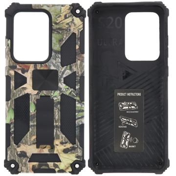Samsung Galaxy S20 Ultra Hoesje - Rugged Extreme Backcover Blaadjes Camouflage met Kickstand - Groen