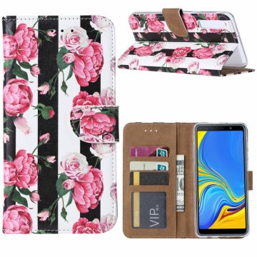 Ntech Samsung Galaxy A7 (2018) Vintage Roses & Stripes Boek hoesje met Pasjesruimte