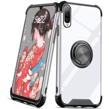 Samsung Galaxy A50 hoesje silicone met ringhouder Back Cover Case - Transparant/Zwart