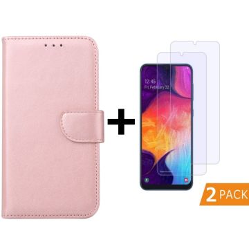 Ntech Samsung Galaxy A50 Portemonnee hoesje - Rose Goud Met 2 stuks Glazen screenprotector
