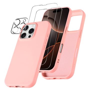 Hoesje Geschikt voor iPhone 16 Pro Max – Zacht siliconen liquid backcover met 2x screenprotectors gehard glas en 1x lens protector – Licht Roze