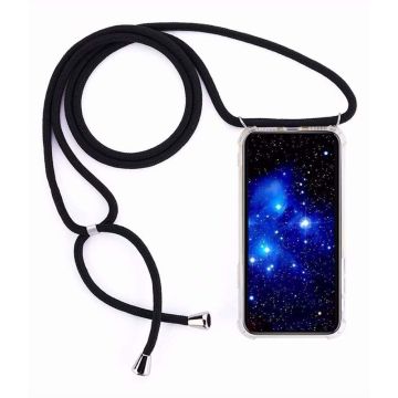 Samsung A40 Hoesje transparant silicone met Koord - Galaxy A40 Koord hoesje draagkoord TPU backcover - Zwart