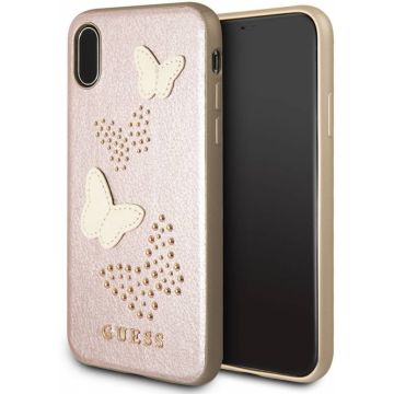 iPhone X / Xs Vlinder Print Hoesje Guess Rose Goud Kunstleer