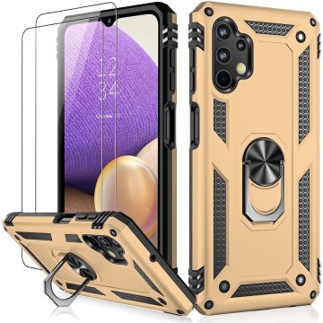 Samsung A13 4G Hoesje Hybrid Armor case Goud - Samsung Galaxy A13 4G hoesje kickstand Ring houder TPU backcover Anti-Shock hoesje - met screenprotector Galaxy A13 4G - 2 pack