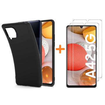Samsung 42 Hoesje Zwart siliconen backcover TPU Back case met Galaxy A42 5G met 2 Pack Screenprotector Glazen tempered glass