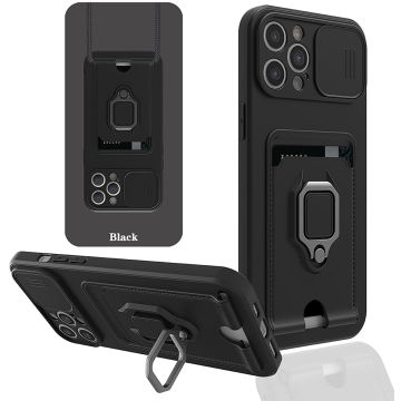 Hoesje Geschikt voor iPhone 13 hoesje met koord Zwart - Hoesje Geschikt voor iPhone 13 hoesje met Camera Bescherming - Hoesje Geschikt voor iPhone 13 hoesje met pasjeshouder ring cover kickstand hoesje