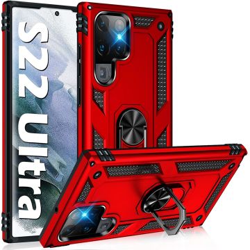 Samsung S22 Ultra Hoesje Anti-Shock Hybrid Armor Rood - Samsung Galaxy S22 Ultra hoesje met Kickstand Ring Houder - Kunststof - Back Cover