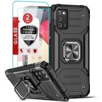 Samsung A03s Hoesje Heavy Duty Armor Hoesje Zwart - Galaxy A03S Case Kickstand Ring cover met Magnetisch Auto Mount- Samsung A03S screenprotector 2 pack