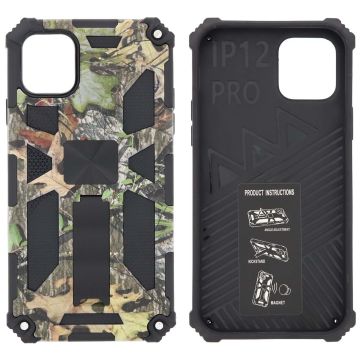 Hoesje Geschikt voor iPhone 12 (Pro) Hoesje - Rugged Extreme Backcover Blaadjes Camouflage met Kickstand - Groen