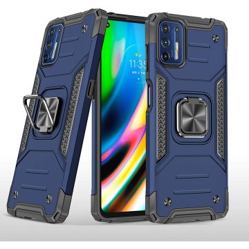 Motorola G9 Plus Hoesje Heavy Duty Armor Hoesje Blauw - Motorola G9 Plus Case Kickstand Ring cover met Magnetisch Auto Mount