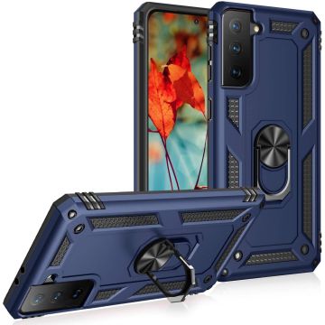 Samsung S21 Hoesje - Samsung Galaxy S21 armor case Ring houder TPU backcover met Ring houder / Ring vinger houder / standaard - Donker Blauw