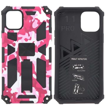 Hoesje Geschikt voor iPhone 11 Pro Hoesje - Rugged Extreme Backcover Camouflage met Kickstand - Pink