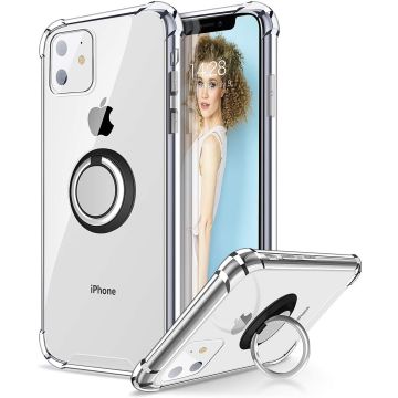 Hoesje Geschikt voor iPhone 12 Pro Max hoesje - Backcover met Zwarte Ringhouder - Verstevigde hoeken - Transparant