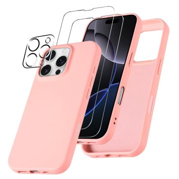 Hoesje Geschikt voor iPhone 16 Pro – Zacht siliconen liquid backcover met 2x screenprotectors gehard glas en 1x lens protector – Licht Roze