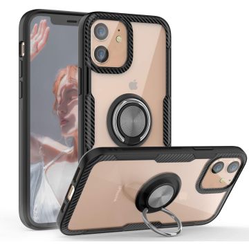 Hoesje Geschikt voor iPhone 12 Pro Max (6.7) Luxe hoesje Backcover case - Metalen Ring houder - Zwart
