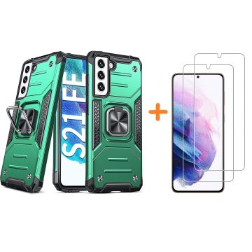 Samsung S21 FE Hoesje Heavy Duty Armor Hoesje Groen - Galaxy S21 FE Case Kickstand Ring cover met Magnetisch Auto Mount- Samsung S21 FE screenprotector 2 pack