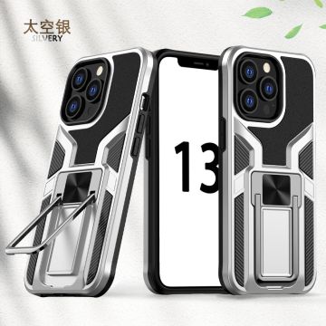 Hoesje Geschikt voor iPhone 13 Pro – Schokbestendig Ultra Slim Soft TPU Cover met kicktand Ringhouder – Zilver