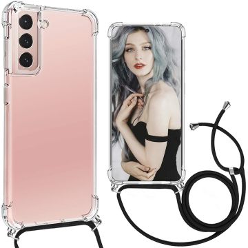 Samsung S21 Hoesje transparant met draagkoord - Samsung Galaxy S21 TPU backcover met koord - Zwart