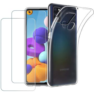 Samsung Galaxy A21S Hoesje Transparant TPU Back Cover Met 2 pack glazen Screenprotector - Clear