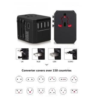 Ntech Universele Reis Adapter-Stekker 5.6 A met USB-C & 4X USB 150+ landen (Azie-UK-USA-AUS-Afrika)- Zwart