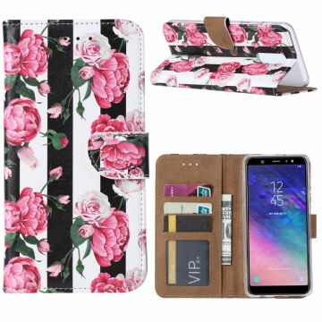 Ntech Samsung Galaxy A6+ Plus (2018) Vintage Roses & Stripes Boek hoesje met Pasjesruimte