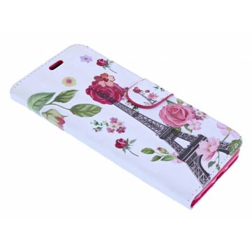 iPhone X / Xs 3D Bloemen & Eiffeltoren Design Book Hoesje Met Pasjesruimte & Magneet flapje