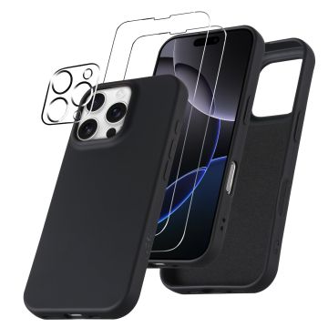 Hoesje Geschikt voor iPhone 16 Pro – Zacht siliconen liquid backcover met 2x screenprotectors gehard glas en 1x lens protector – Zwart