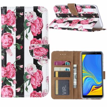 Ntech Vintage Roses & Stripes Design Portemonnee Hoesje Met Pasjesruimte & Magneet flapje - Samsung Galaxy A40