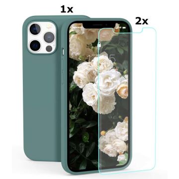 Hoesje Geschikt voor iPhone 13 Pro Max Soft Nano siliconen Gel Donkergroen Hoesje Met 2X Glazen screenprotector