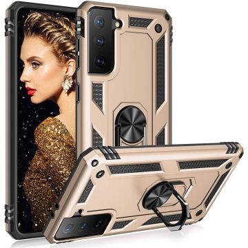 Samsung S21 Plus Hoesje - Samsung Galaxy S21 Plus armor case met Ring houder / Ring vinger houder / standaard - Goud