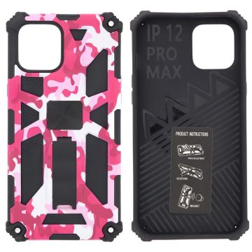 Hoesje Geschikt voor iPhone 12 Pro Max Hoesje - Rugged Extreme Backcover Camouflage met Kickstand - Pink
