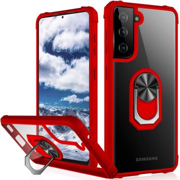 Samsung S21 Plus hoesje - Premium Shock Proof hoesje transparant Rood randen backcover case met kickstand - Samsung Galaxy S21 Plus hoesje met Ring houder / Ring vinger houder / standaard