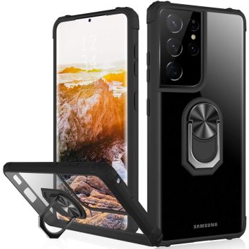 Samsung S21 Ultra hoesje - Premium Shock Proof hoesje transparant Zwart randen backcover case met kickstand - Samsung Galaxy S21 Ultra hoesje met Ring houder / Ring vinger houder / standaard