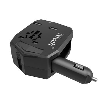 Reisstekker italie , UK , Amerika (USA), Universele Wereldstekker met 2 USB Poorten en Autolader - 2.5 A Internationale Reisstekker Wereld naar Europavoor 150+ landen - Australië - Azië - Zuid Amerika - Afrika – Reis Adapter en Oplader – Zwart