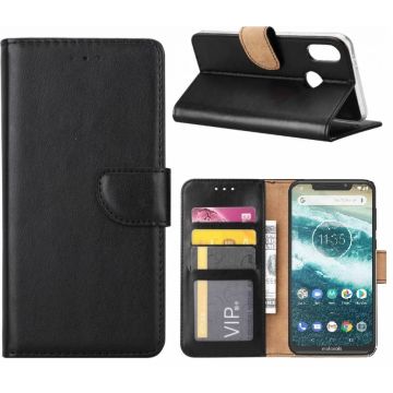 Motorola One Zwart Booktype / Portemonnee TPU Lederen Hoesje