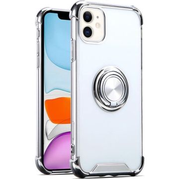 Hoesje Geschikt voor iPhone 11 Pro Max hoesje silicone met ringhouder Back Cover case - Transparant/Zilver
