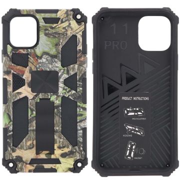 Hoesje Geschikt voor iPhone 11 Pro Hoesje - Rugged Extreme Backcover Blaadjes Camouflage met Kickstand - Groen
