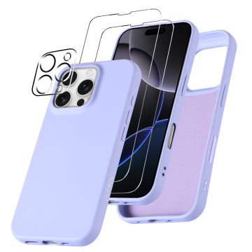 Hoesje Geschikt voor iPhone 16 Pro – Zacht siliconen liquid backcover met 2x screenprotectors gehard glas en 1x lens protector – Lila