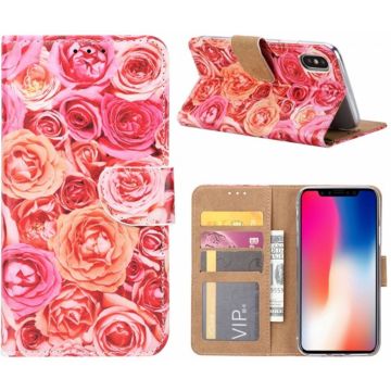 iPhone X / Xs Roos Design Booktype Kunstleer Hoesje Met Pasjesruimte
