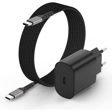 USB C Adapter / oplader Met USB C naar USB C kabel - 25W snellader voor o.a telefoon en tablet - Zwart