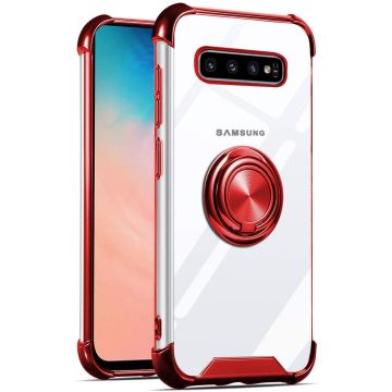 Samsung Galaxy S10 Plus hoesje silicone met ringhouder Back Cover Case - Transparant/Rood