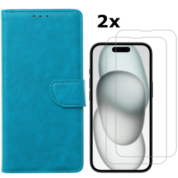 Hoesje Geschikt voor iPhone 15 Plus hoesje bookcase met 2x screenprotector – Blauw