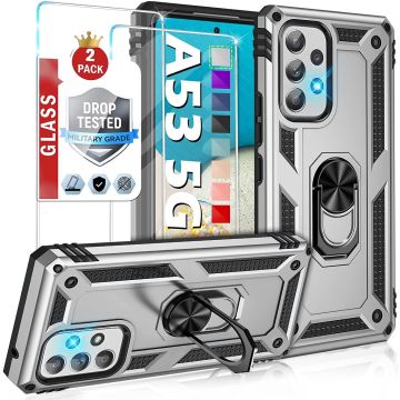 Samsung A53 Hoesje Anti-Shock Hybrid Armor hoesje Zliver - Samsung Galaxy A53 5G kickstand Ring houder TPU backcover hoesje - met screenprotector Galaxy A53 5G - 2 pack